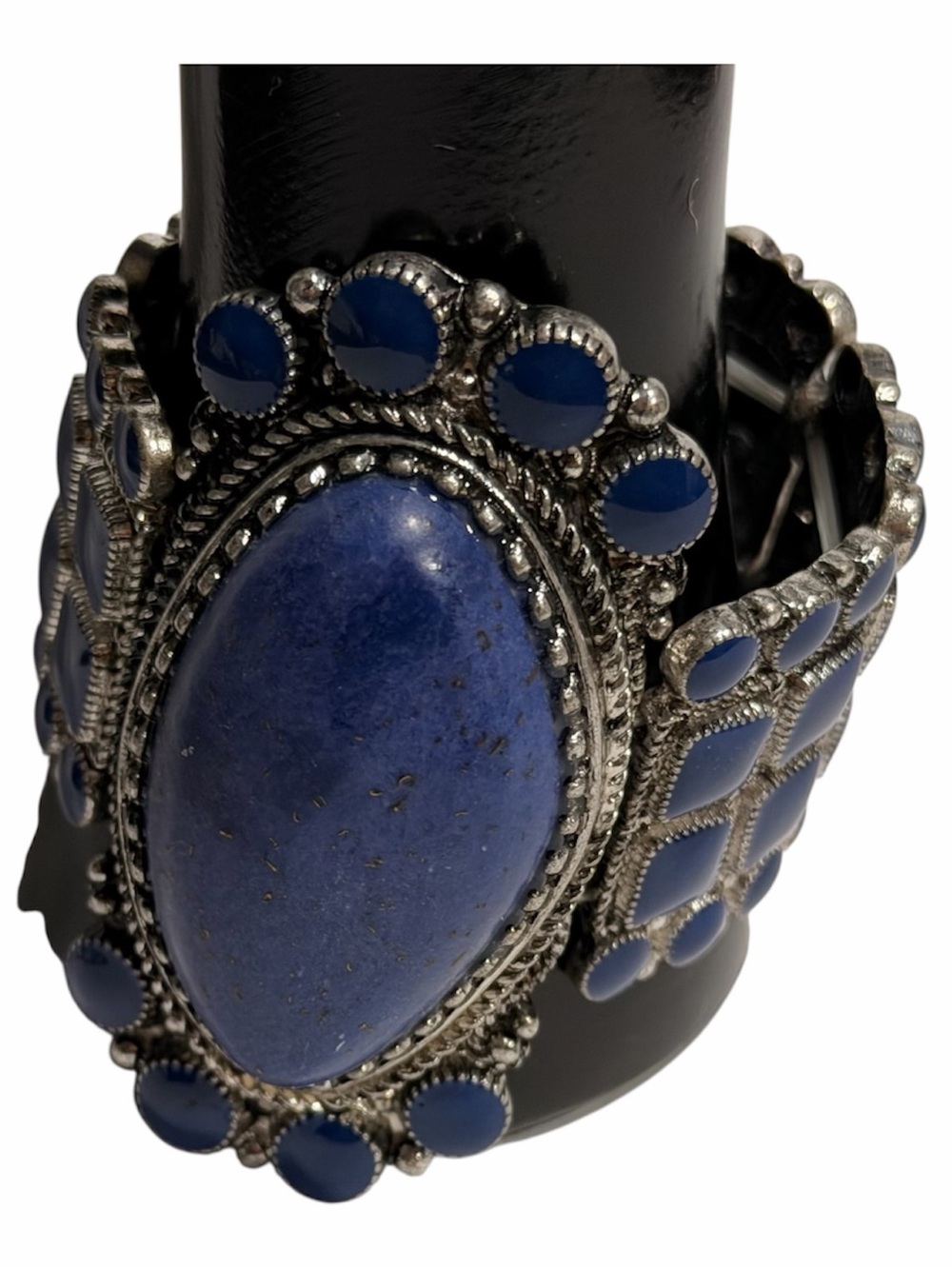 Faux Lapis Lazuli Statement Stretch Cuff Bracelet Silver Tone Festival Boho